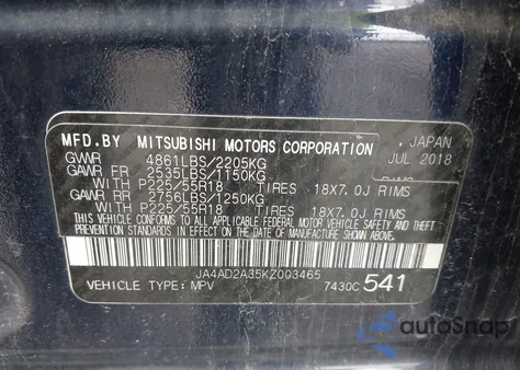 2019 Mitsubishi Outlander Es z USA, uszkodzony, nr VIN JA4AD2A35KZ003465